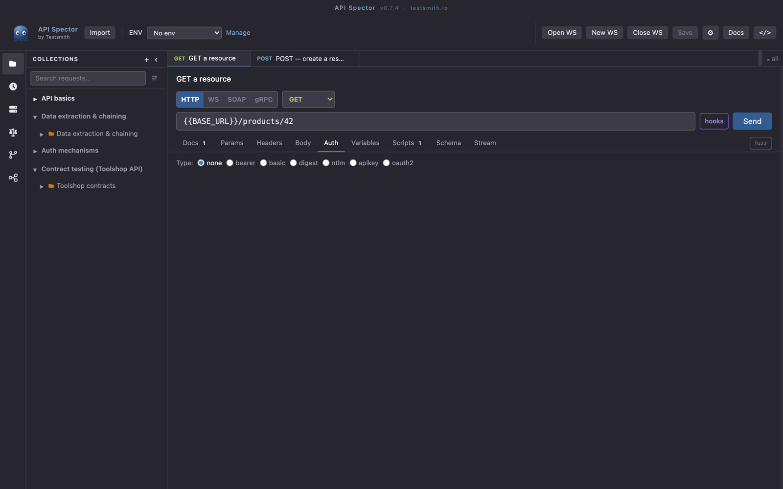 The Auth tab with the supported auth types