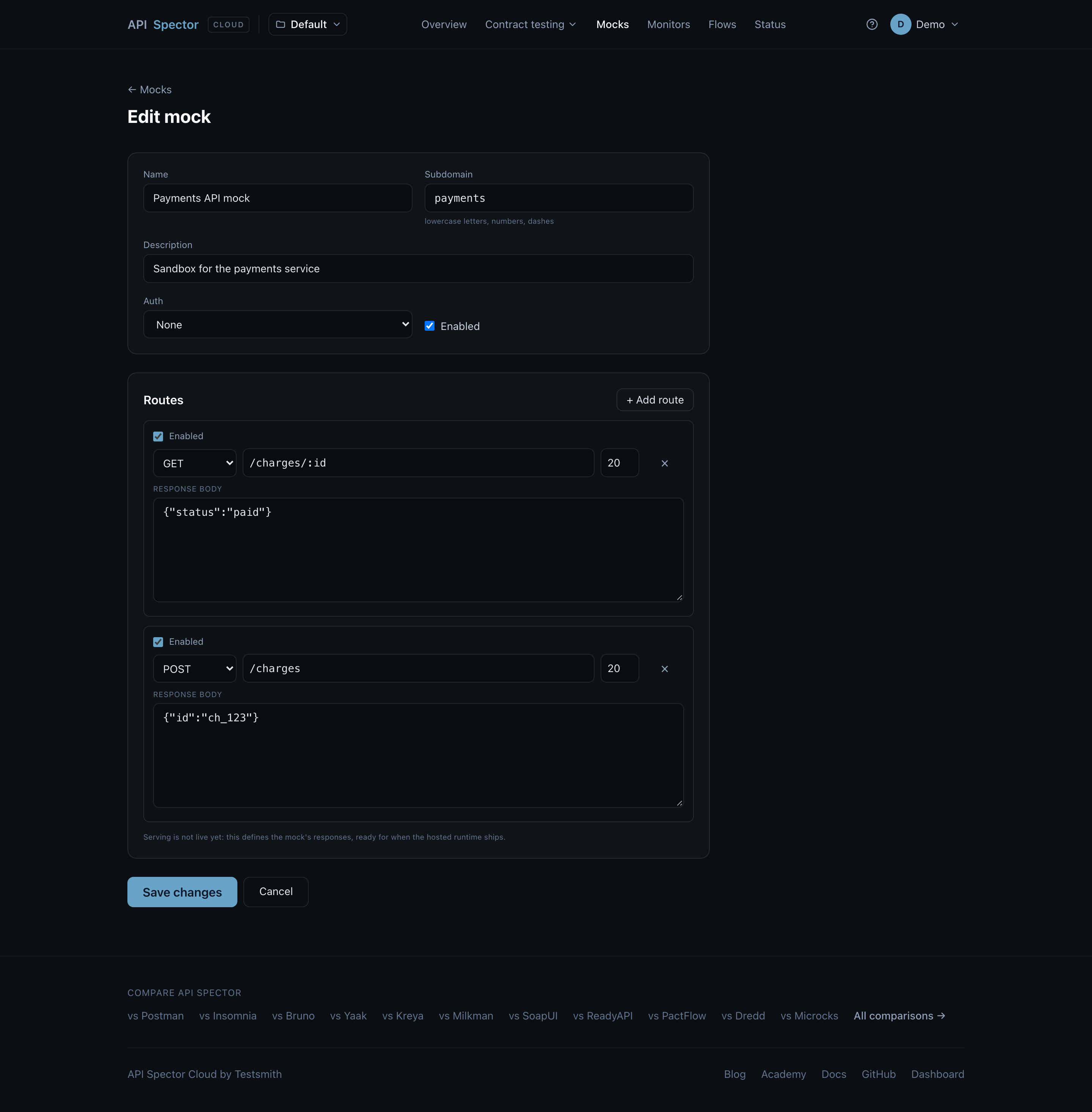 The New mock form, with route rows for method, path, status, and body