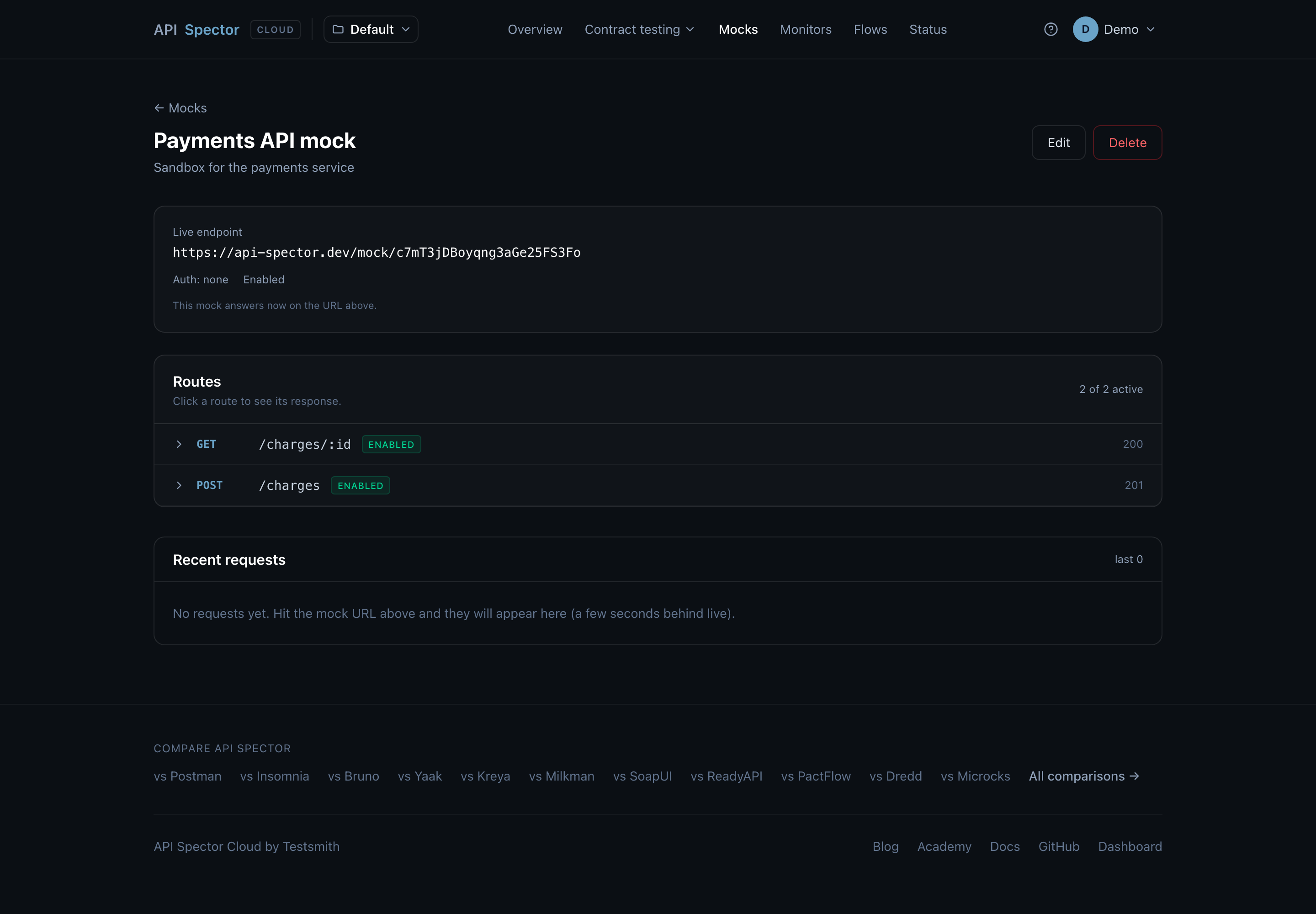 A mock's page showing its live endpoint, routes, and recent requests