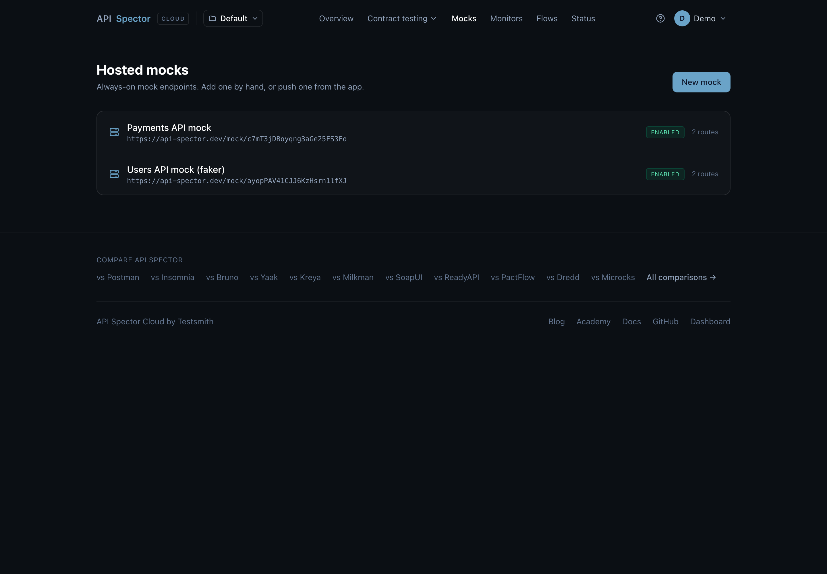 The Hosted mocks page listing two mocks with their public URLs