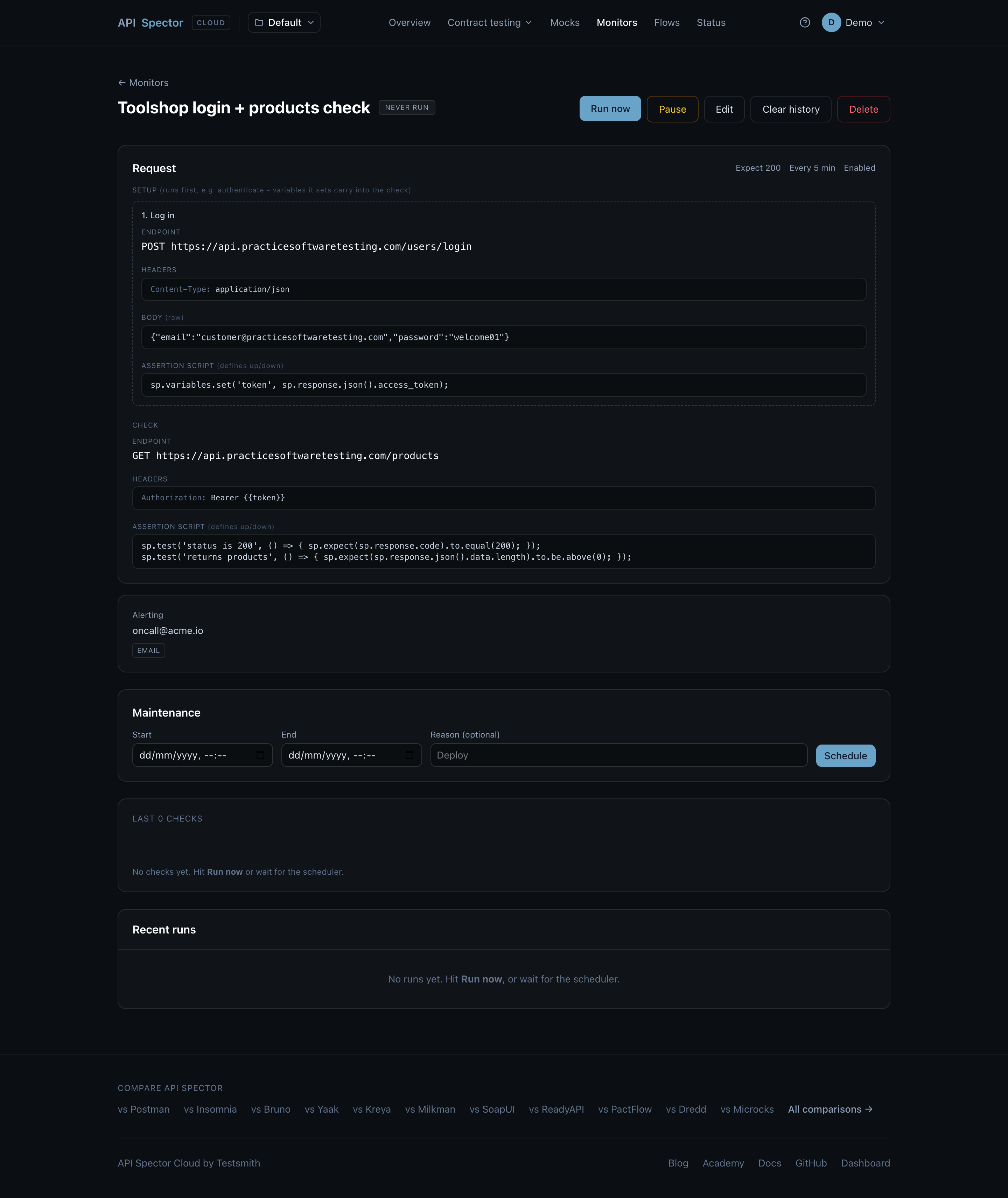 A monitor that logs in, calls /products, and asserts on the response