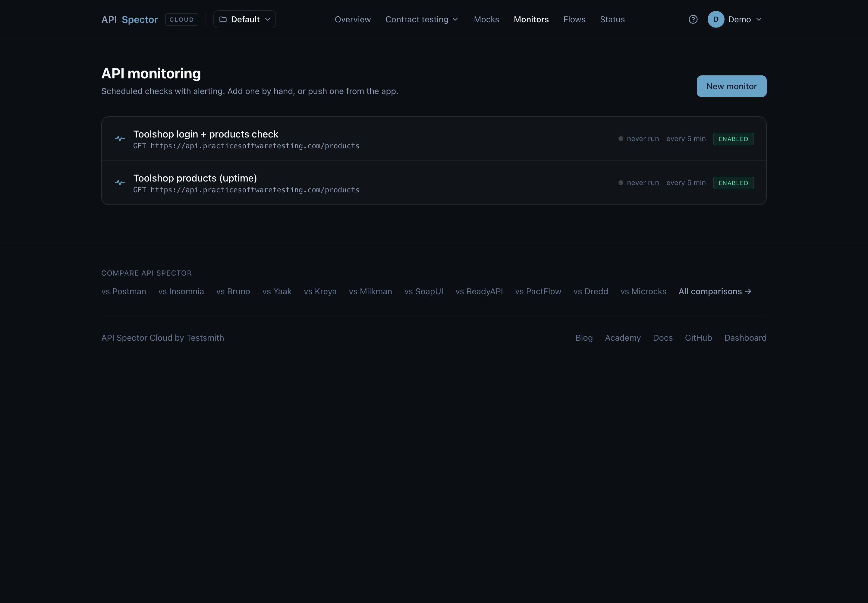 The API monitoring page listing monitors with their status and cadence