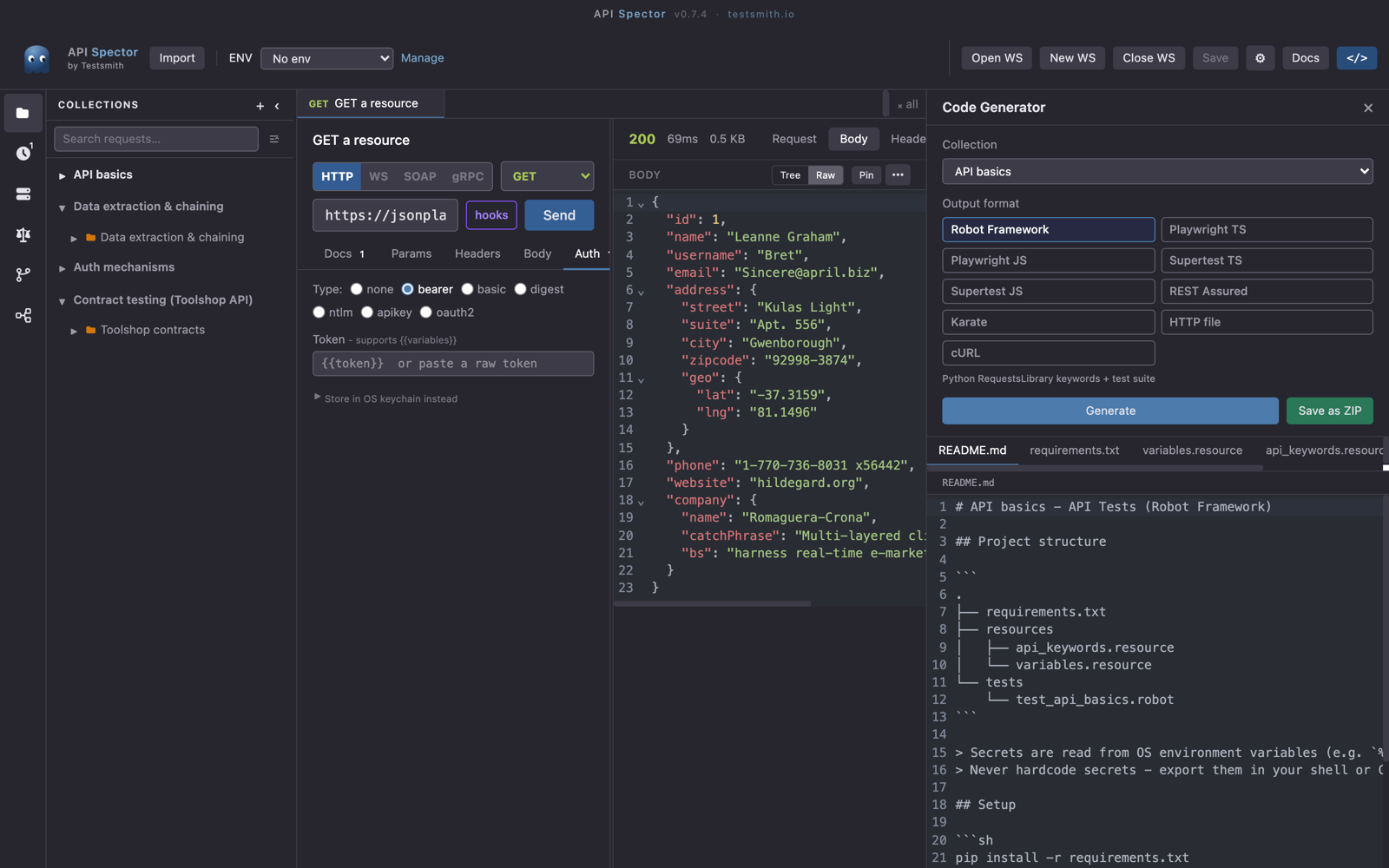 Generated Robot Framework files previewed in the panel