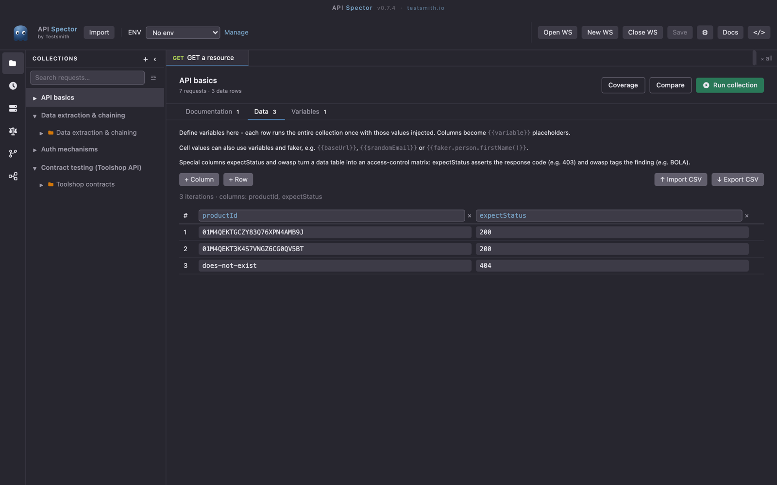 A collection's data table, with columns that become {{variable}} placeholders