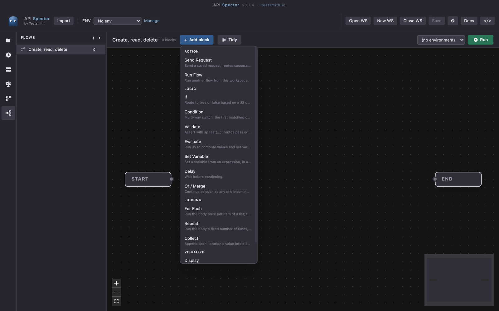 The Add block menu, grouped into Action, Logic, Looping, and Visualize