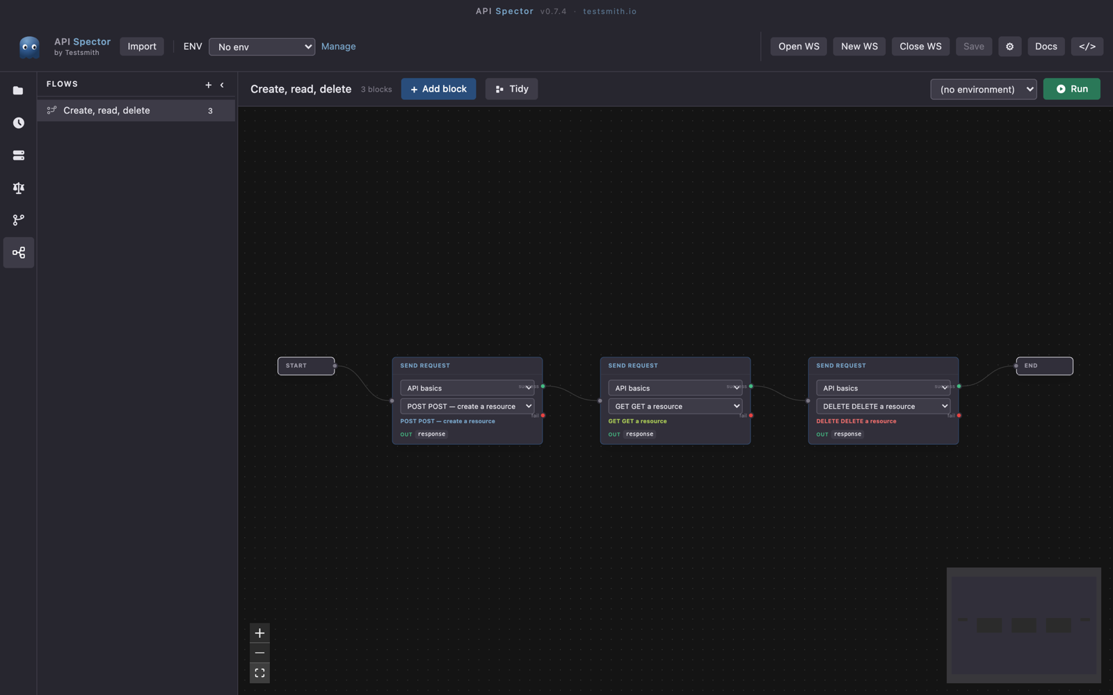A create, read, delete flow with connected Send Request blocks