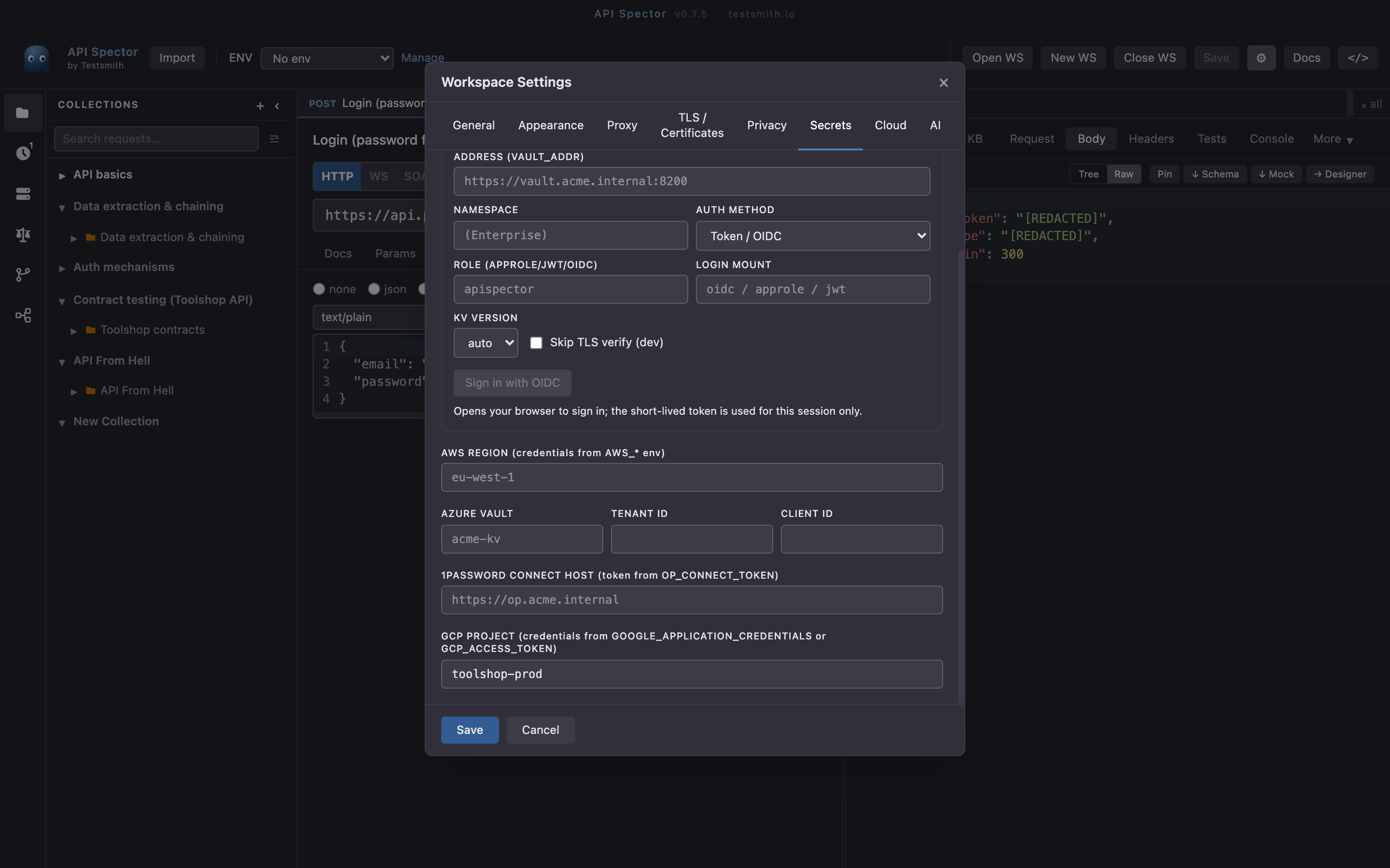 Workspace settings, Secrets tab, with the GCP project configured