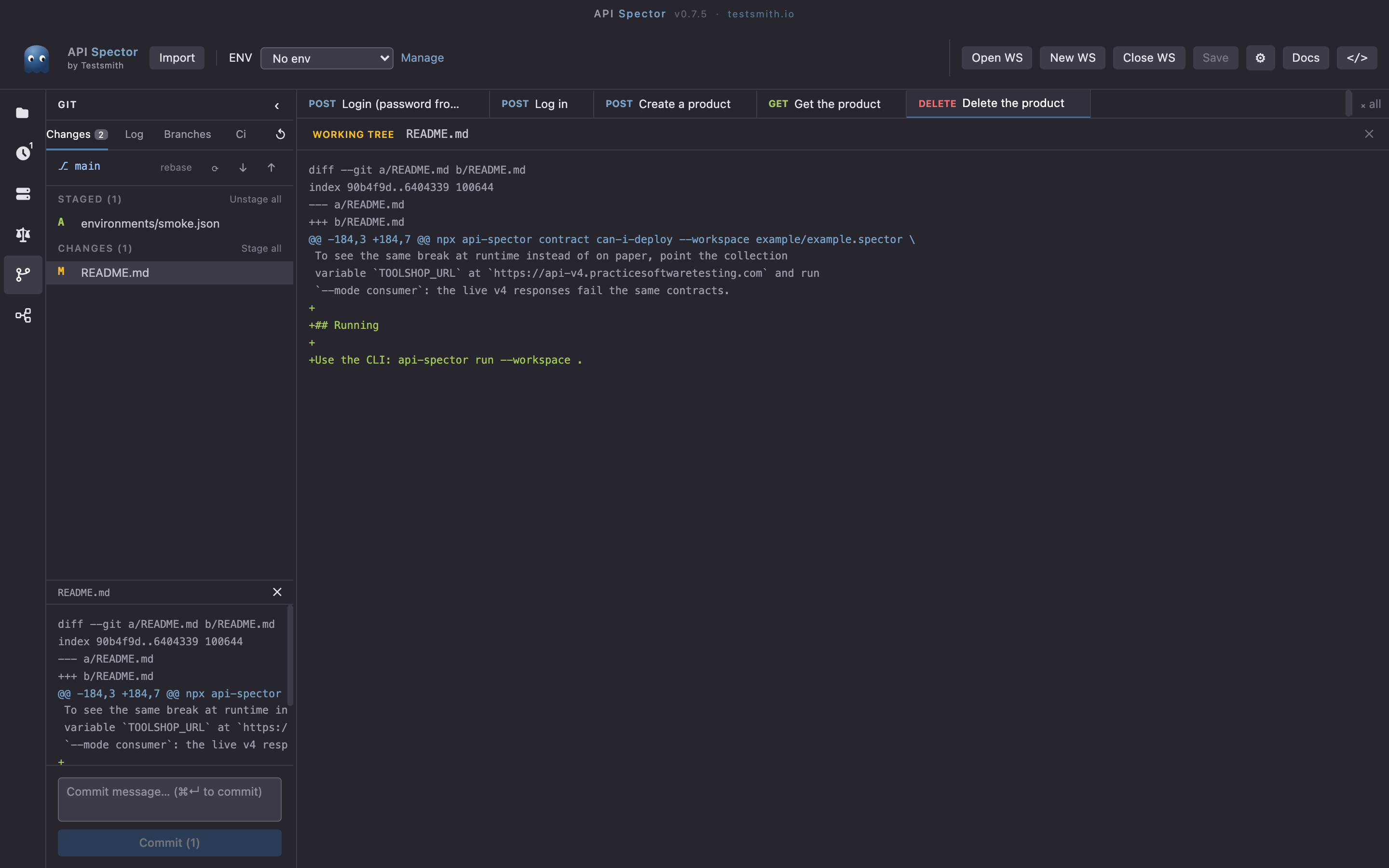 A file's diff shown in the Git panel's working-tree view