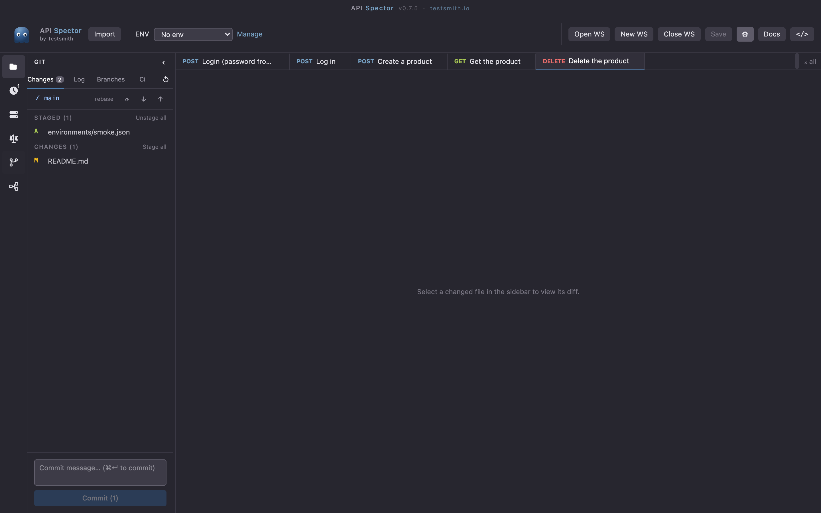 The Git panel: staged and changed files, the branch bar, and a commit box
