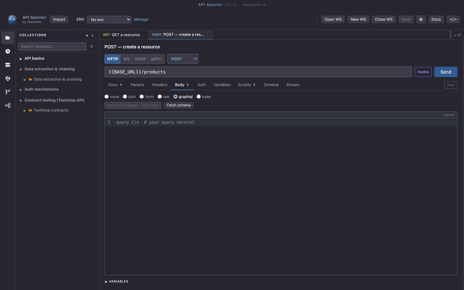 The GraphQL editor with the query area, variables, and fetch schema