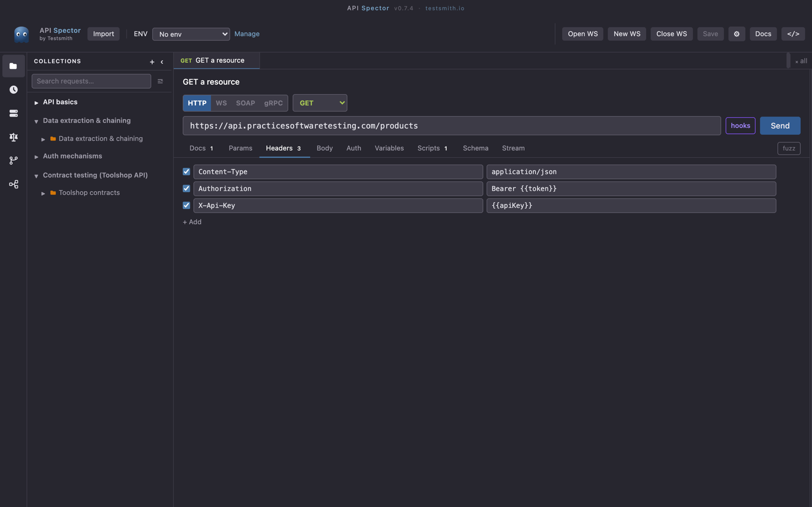 The Headers tab, with custom headers and variable values
