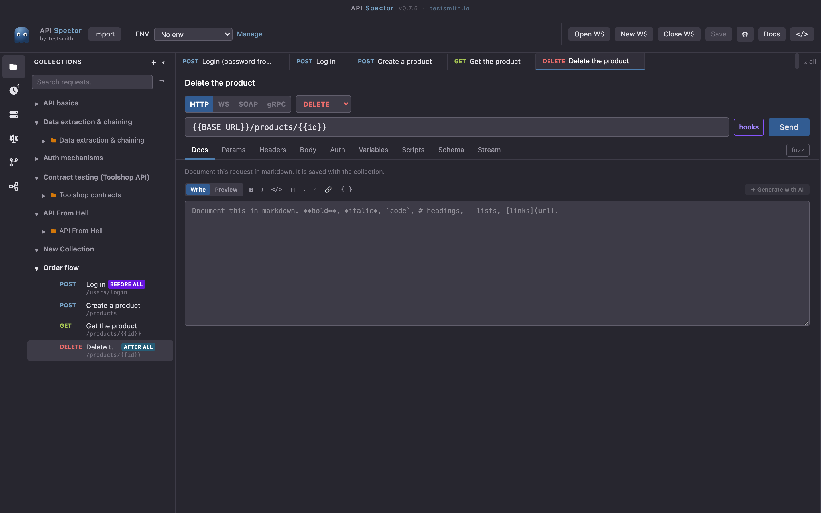 A collection tree with a Before All login hook and an After All cleanup hook