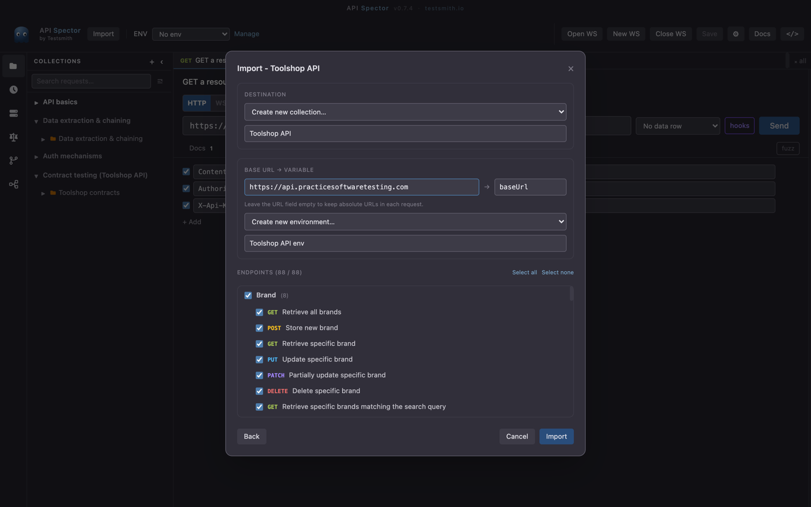 The import preview: every operation grouped by tag, with checkboxes and Select all