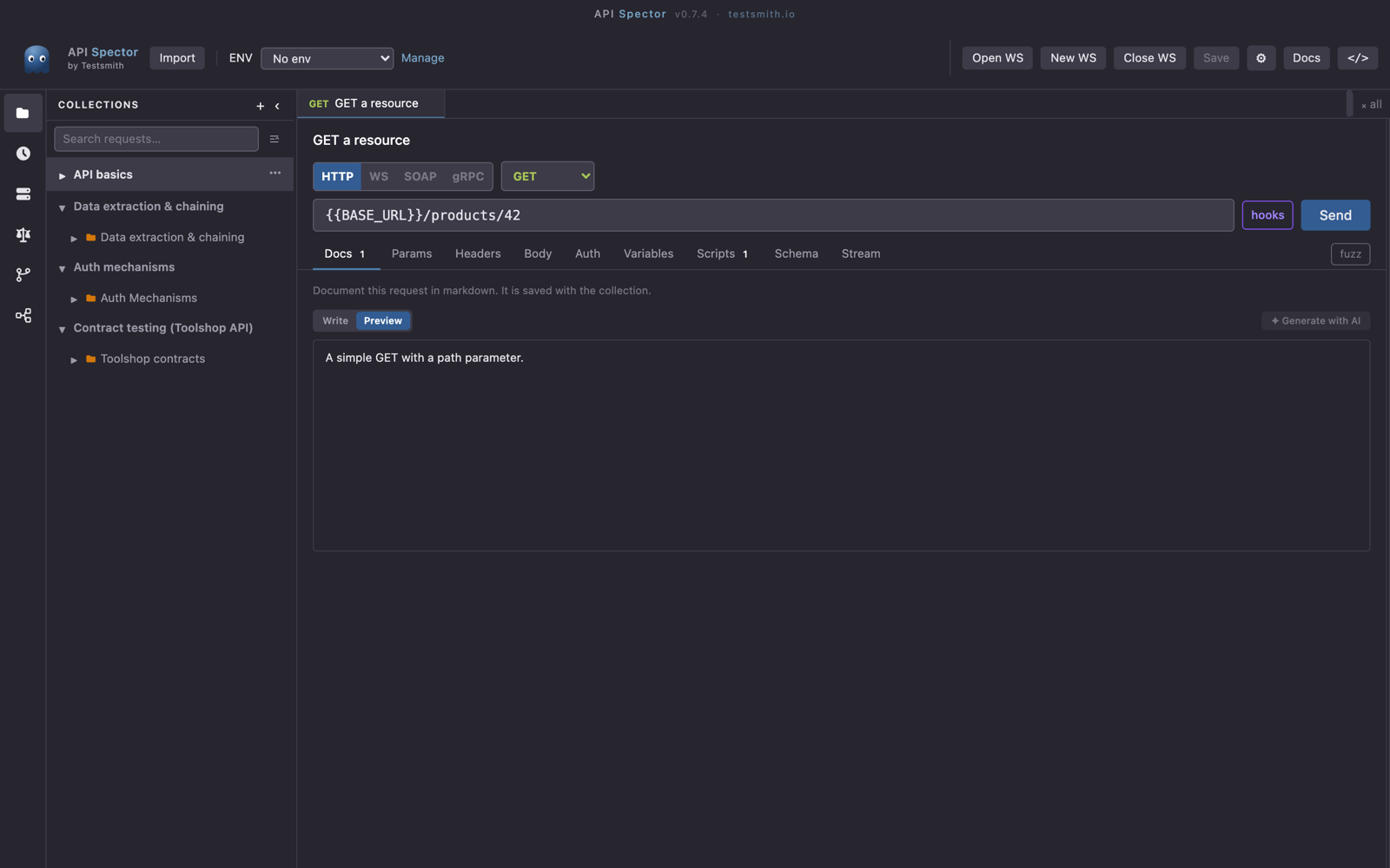 The request builder: method, URL, and the request tabs