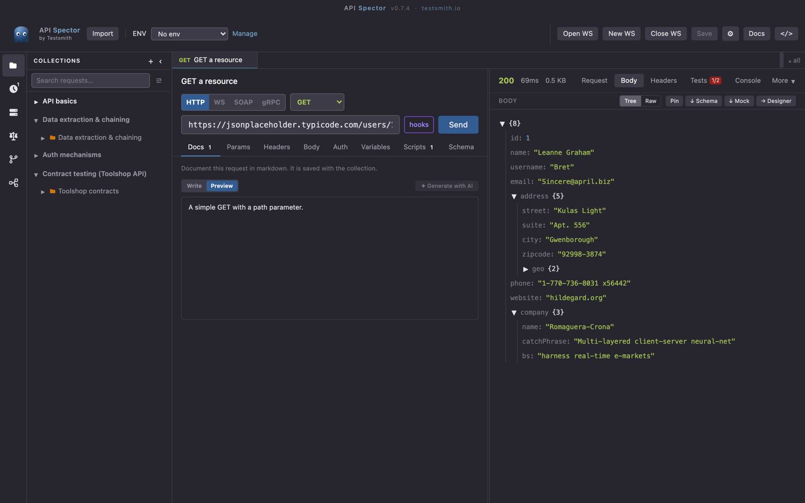 The response panel, with the Schema action in the header