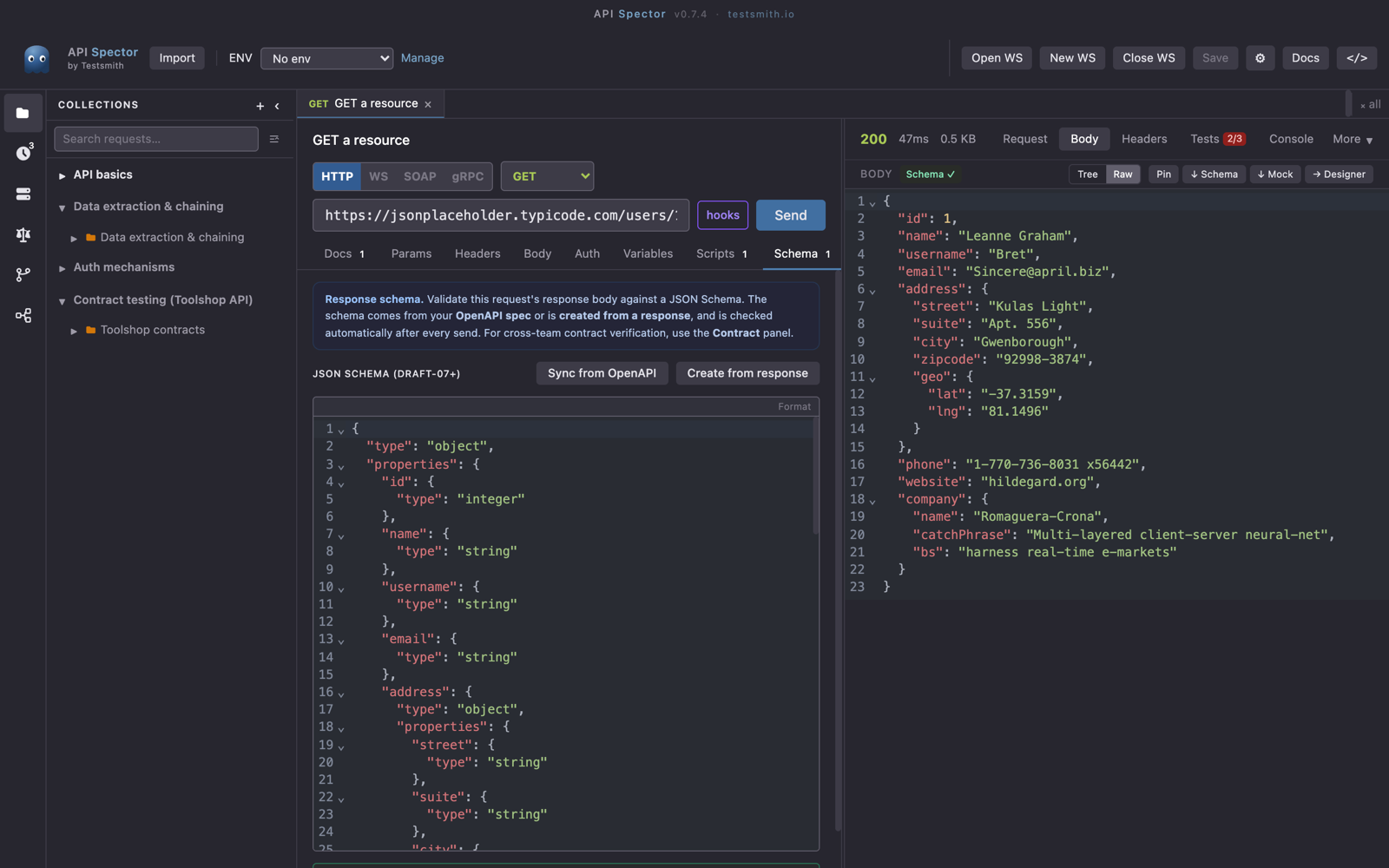 The Schema tab with a generated JSON Schema and a passing Schema badge