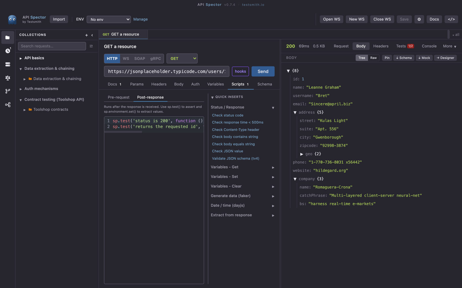 The Scripts tab with a post-response script and Quick Inserts