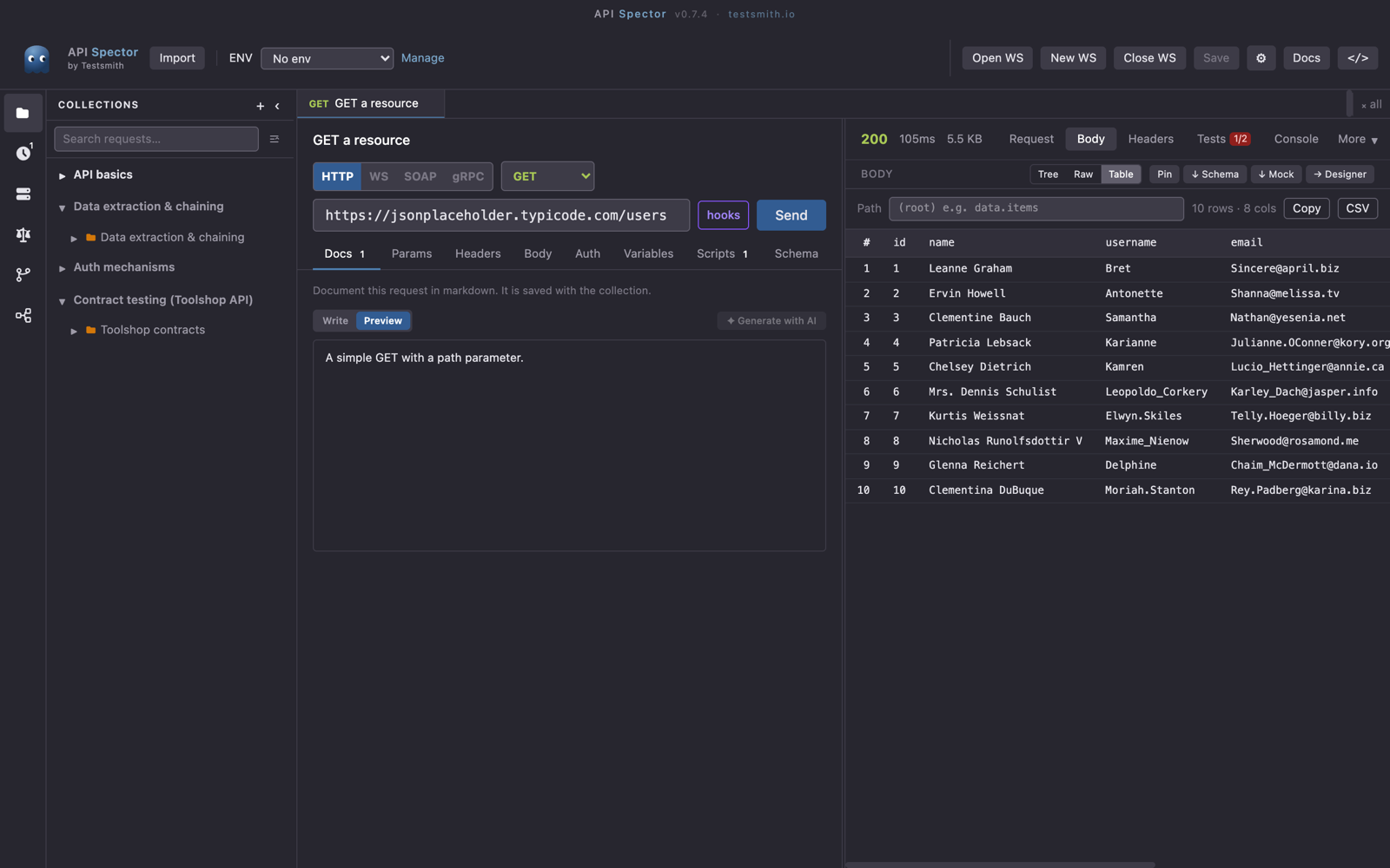 A JSON array shown as a sortable table, with Copy and CSV export