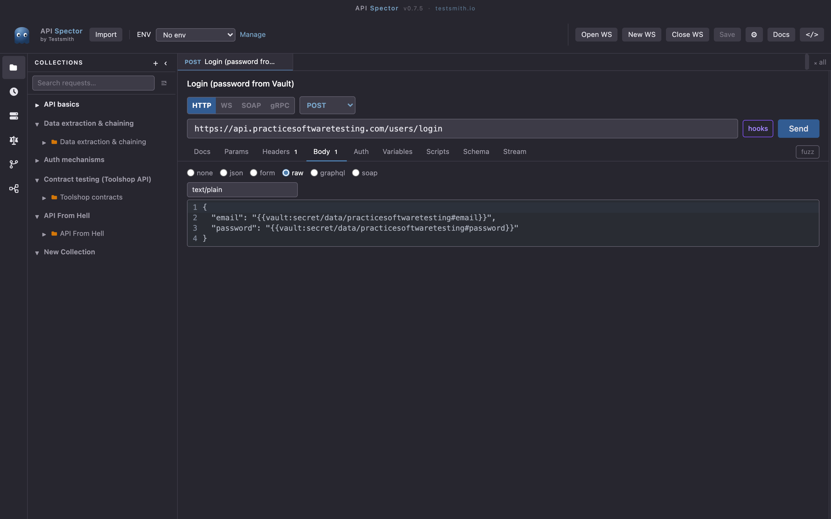 A login request whose body references vault:secret/data/... for email and password