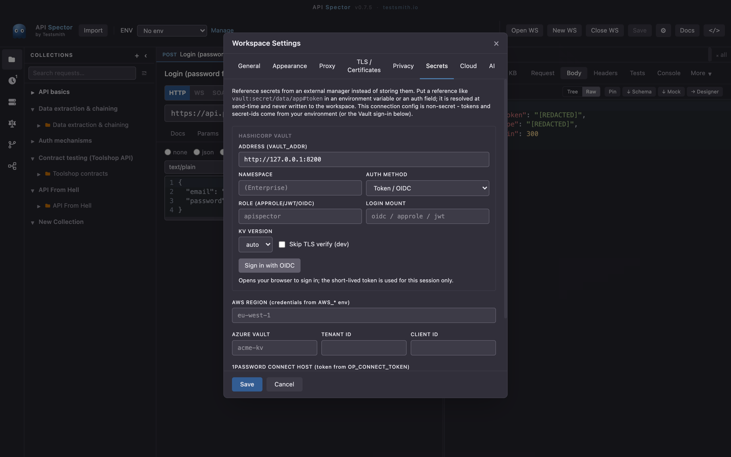 Workspace settings, Secrets tab, with the Vault address configured